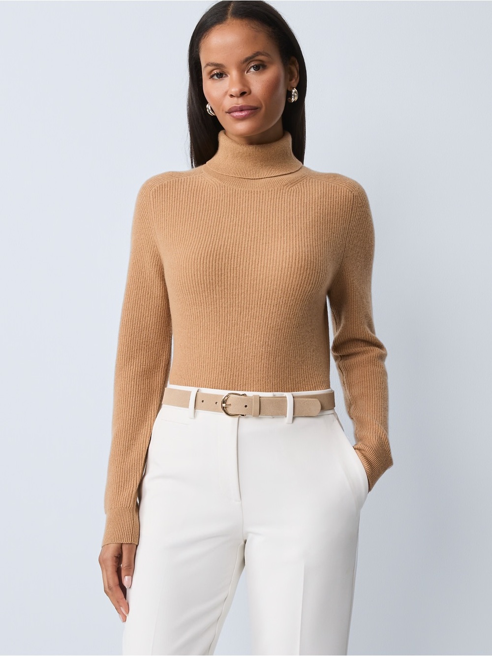 Ann Taylor Studio Collection 100% Cashmere Ribbed Turtleneck Sweater Camel Tan